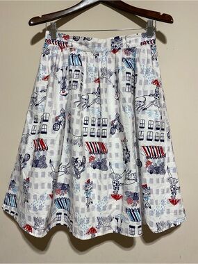 ModCloth “Rainy Day in Paris” Skirt A-Line Novelty whimsical Print Dogs Size M